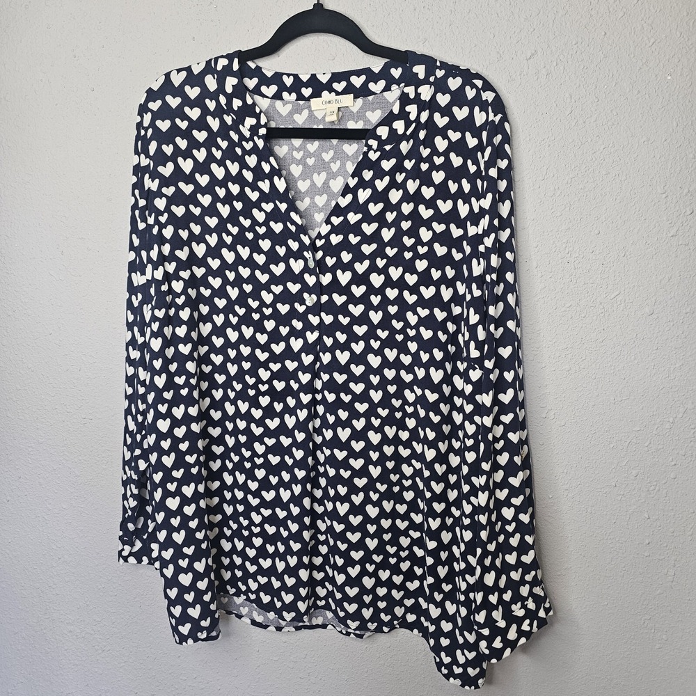 Como Blu Tunic Top‎ Womens Shirt 1X Blue Hearts Blouse Cute Office Rayon *SNAG*